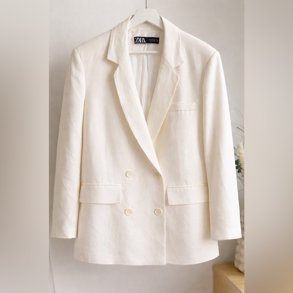 ZARA White Linen Blend Relaxed Double-Breasted Blazer Size L
